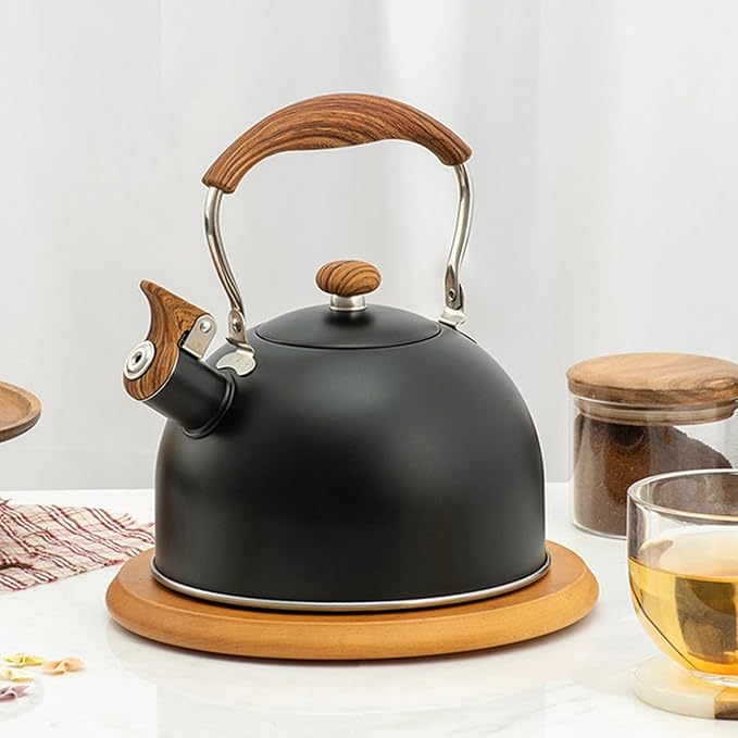 Whistling Tea Kettle 2.5L, Stainless Steel Kettle with Wood Pattern Folding Handle, for Tea Coffee (Black)