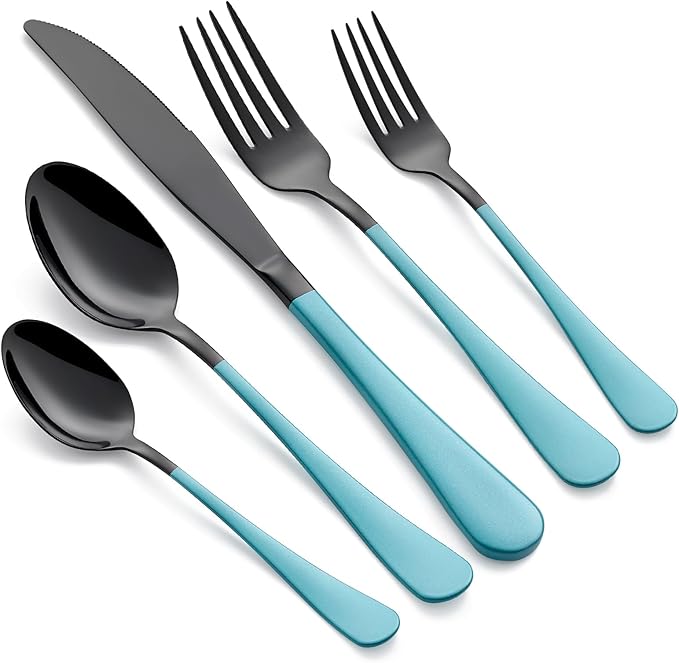20-Piece Black and Lake Blue Silverware Set 18/0 Stainless Steel Silverware Set Lake Blue Handle Cutlery Set Service for 4 Dinner Knives Forks Spoons Set Flatware Set Finish Dishwasher Safe