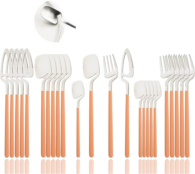 JASHII Silverware Set - 24-Piece Stainless Steel Flatware Set with Satin Finish - Dishwasher Safe - Matte Orange Silver