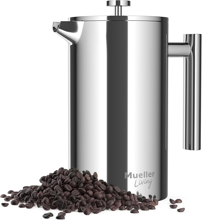 MuellerLiving French Press Coffee Maker 34oz, Stainless Steel French Press Coffee, 4 Filter Heat Resistant Double Insulated, Rust-Free, Food Grade, Dishwasher Safe Coffee Pot