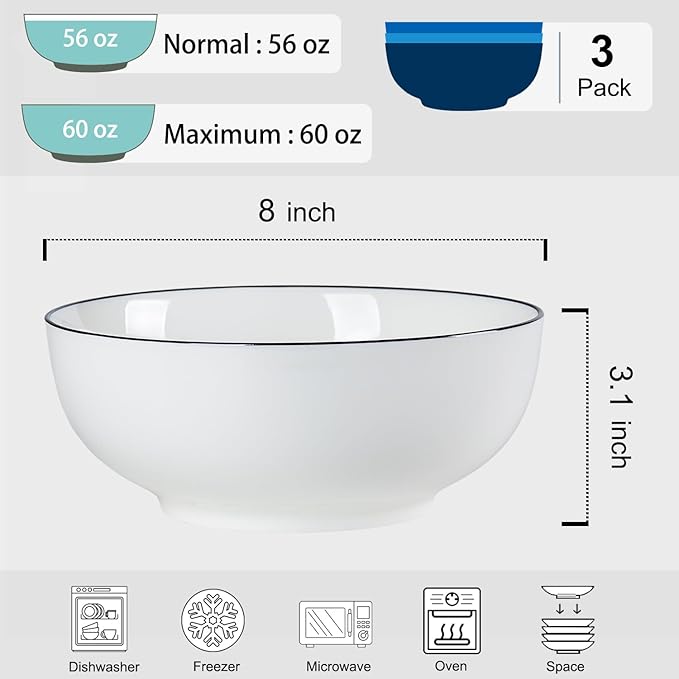 60 oz Large Soup Bowl, Pho Bowls, 8-Inch Rimmed Off-White Porcelain Bowls Set of 3, Perfect for Hearty Meals and Serving