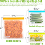 Reusable Storage Bags - 10 Pack BPA FREE Freezer Bags(2 Reusable Gallon Bags + 4 Leakproof Reusable Sandwich Bags + 4 THICK Reusable Snack Bags) Ziplock Lunch Bags for Food Marinate Meat Fruit Cereal