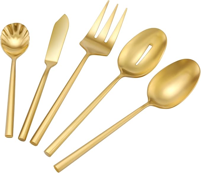 DEACORY Silverware Set with Serving Utensil Set Matte Gold Flatware Set Hand Forged Stainless Steel Cutlery Set 45 Pieces Matte Finished Hexagon Handle Service for 8, DE1004