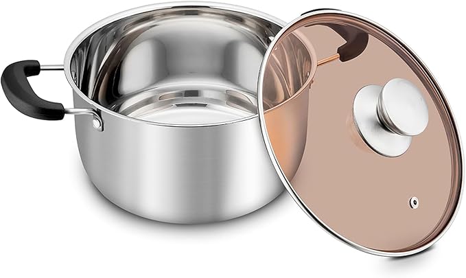 TeamFar Stock Pot 6 qt, Stainless Steel Stock Pasta Soup Pot with Lid, Double Bakelite Heat-Proof Handles & Tempered Glass Lid, Dishwasher Safe & Easy Cleanup, Non-Toxic & Healthy
