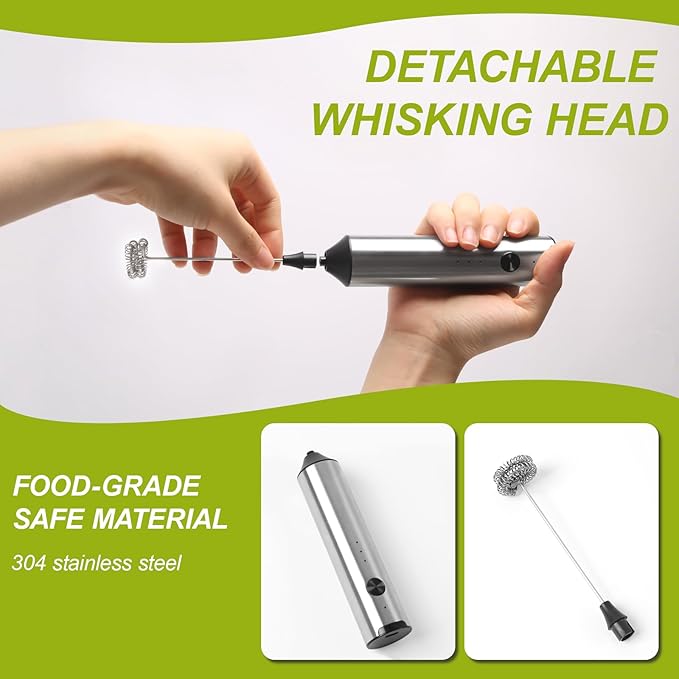 Electric Milk Frother Handheld with Small Wooden Spoon, Mini Coffee Frother Wand Rechargeable 3-Speed Drink Mixer Stainless Steel Matcha Whisk For Latte, Matcha Powder, Cappuccino, Hot Chocolate, Egg