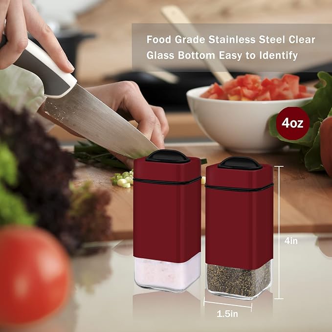 Red Salt and Pepper Shakers by Aelga, Glass Salt Shaker Set with Adjustable Pour Holes, Ideal for Black Pepper, Kosher and Himalayan