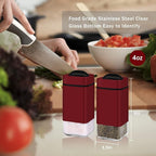 Red Salt and Pepper Shakers by Aelga, Glass Salt Shaker Set with Adjustable Pour Holes, Ideal for Black Pepper, Kosher and Himalayan