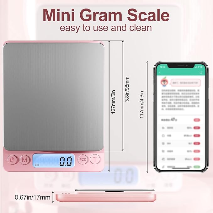 Digital Food Scale for Food Ounces and Grams，YONCON 3000g/0.1gram Accuracy Multifunctional Kitchen Scale for Cooking, Baking | Small Size for Easy Storage | Tare Function, Pink
