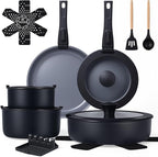Ammeloo 18 Pcs Pots and Pans Set Non Stick, Induction Ceramic Cookware Set with Detachable Handle,Non Toxic Kitchen Cooking Set with Removable Handle for RVs,Camping,Fridge, Dishwasher/Oven Safe,Black