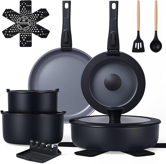 Ammeloo 18 Pcs Pots and Pans Set Non Stick, Induction Ceramic Cookware Set with Detachable Handle,Non Toxic Kitchen Cooking Set with Removable Handle for RVs,Camping,Fridge, Dishwasher/Oven Safe,Black