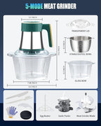 5-in-1 Electric Food Processor【800W Ultra-Powerful German Motor】【6 Titanium Steel Blades | 6S Meat Grinding】Meat Grinder for Home Kitchen Use, Food Chopper for Vegetable,Nuts, Baby & Pet Food(Green N)