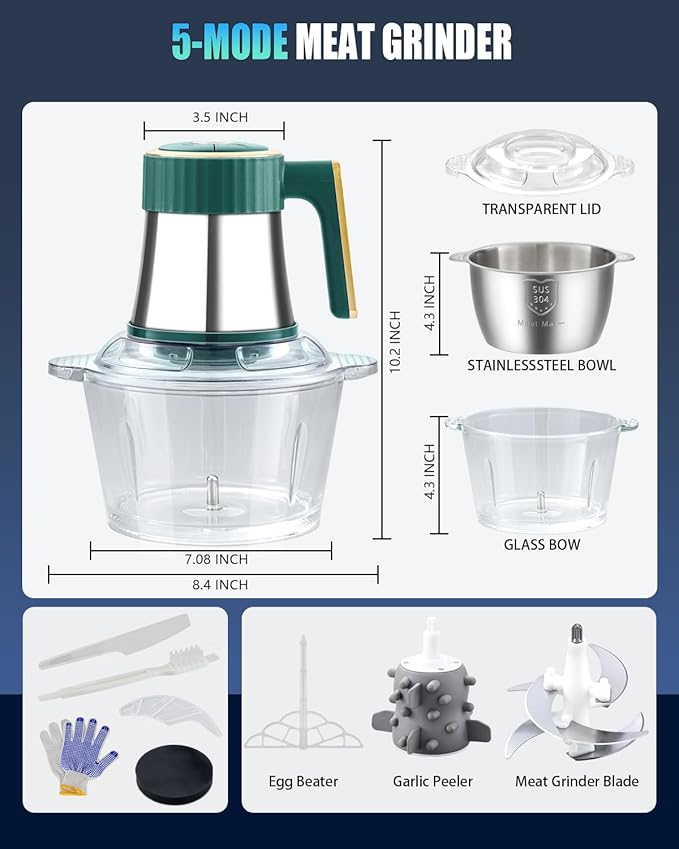 5-in-1 Electric Food Processor【800W Ultra-Powerful German Motor】【6 Titanium Steel Blades | 6S Meat Grinding】Meat Grinder for Home Kitchen Use, Food Chopper for Vegetable,Nuts, Baby & Pet Food(Green N)