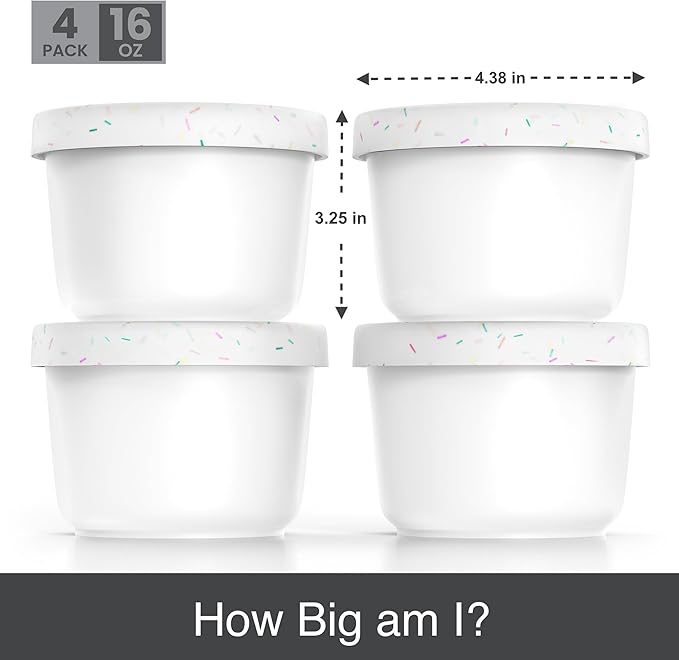 BALCI - 16oz Ice Cream Containers with Silicone Lids (Set of 4) - 1 Pint Each Freezer Food Storage Containers, Reusable, LeakProof, For Homemade IceCream Containers - White with Sprinkles