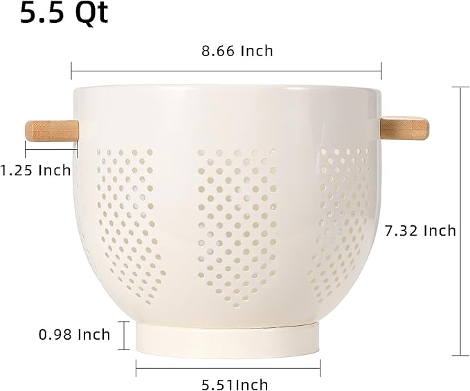 Metal Colander with Wood Handle and Stable Base, 5.5 Quart Powder Coated Steel Kitchen Strainer Basket for Draining Pasta, Vegetable and fruit,Cream