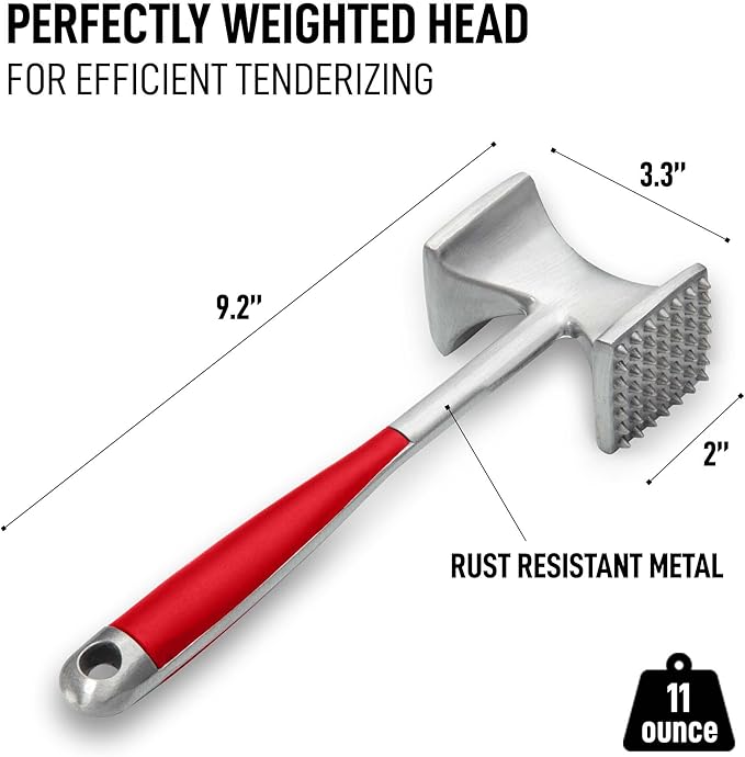 Zulay 10" Meat Tenderizer Hammer – Heavy-Duty Dual-Sided Mallet with Non-Slip Grip – Metal Meat Pounder for Tenderizing Beef, Chicken, Pork & More – Kitchen Tool for Cooking & BBQ - Red