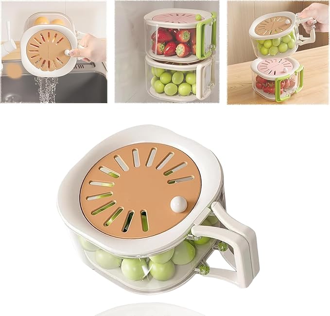 MultiPurpose Drain Basket with Lid,Vegetable Fruit Washing Bowl with Strainer,2 in 1 Foldable Handle Fruit Strainer,Berry Basket for Fridge(Brown)