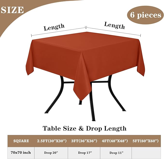 Fitable 6 Pack Rust 70?0 Inch Square Tablecloth - Stain Resistant and Washable Table Cover, Polyester Fabric Table Cloth for Wedding, Party, Banquet, Formal Events