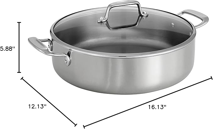 Tramontina Tri-Ply Clad Stainless Steel 6-Quart Braiser Pan with Glass Lid, Induction-Ready, Dishwasher-Safe, NSF-Certified