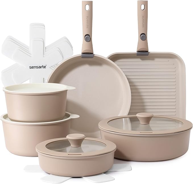 SENSARTE 17 Piece Ceramic Pots and Pans Set, Nonstick Detachable Handle Cookware, Induction Kitchen Cookware Set with Removable Handle, Dishwasher ＆ Oven Safe (Almond Beige)