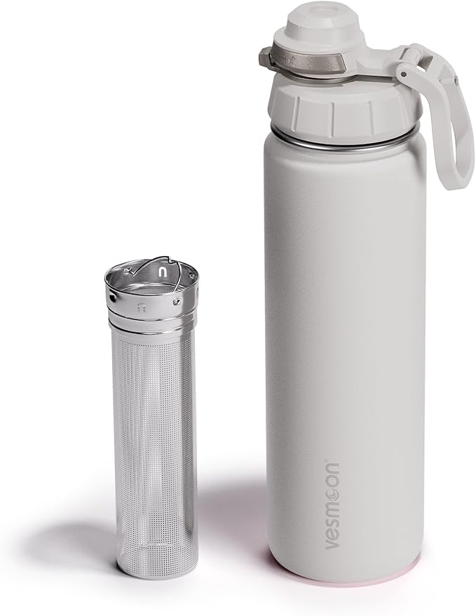 Vesmoon Vessence 24 Oz Stainless Steel Tea Infuser Bottle for Loose Leaf Tea, Water, Herbs, Fruits - Triple Layered Insulated, Leak Proof Bottle with Lid and Clip Handle - 24 Hours Hot/Cold