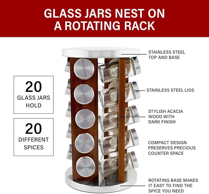 Orii Dark Acacia Wood Spice Rack with 20 EMPTY jars with Stainless Steel Lids and FREE Stainless Steel Funnel and Labels
