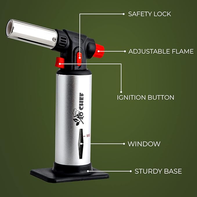 Jo Chef Kitchen Torch with Butane Included – Refillable Lighter with Safety Lock & Adjustable Flame, Blow Culinary Torch for Cooking, BBQ, Creme Brulee, DIY and Soldering - 2 Cans (5.07oz) Included