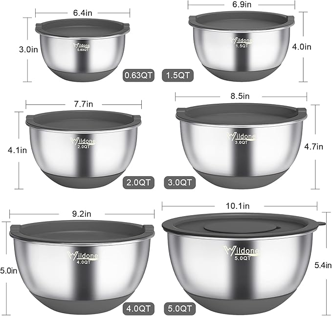 Wildone Mixing Bowls with Airtight Lids, 22 PCS Stainless Steel Mixing Bowls Set, 3 Grater Attachments, Measurement Marks & Non-Slip Bottom, Size 5, 4, 3, 2,1.5, 0.63QT, Ideal for Mixing & Prepping