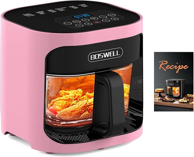 BOSWELL 6 in 1 Glass Air Fryer,4.5QT Air Fryer with Transparent Glass Pot,Circulating Air Heating, Bake, Broil, Air Fry, Temperature Control, Dishwasher Safe (Pink)