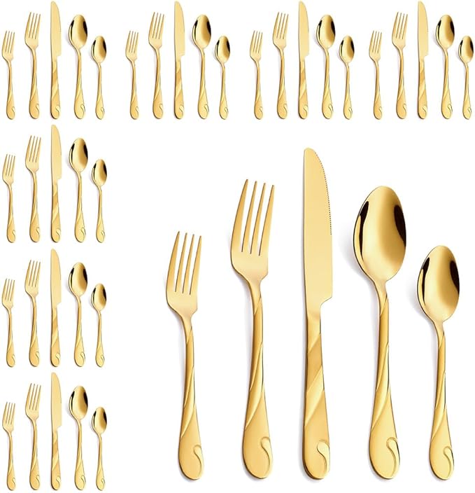 Gold Silverware Set for 8, 40-Piece Stainless Steel Flatware Set, Shiny Gold Metal Cutlery Set, Include Spoon, Fork and Knife Set, Dishwasher Safe