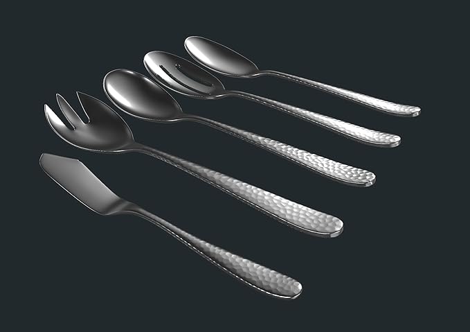 Hammered Serving Utensil Set, 18/10 Stainless Steel Serving Spoons, Salad Servers, Butter Knives, Mirror Finish, Dishwasher Safe, Elegant and Durable (10-Piece Serving Set, Fidenza Hammered)
