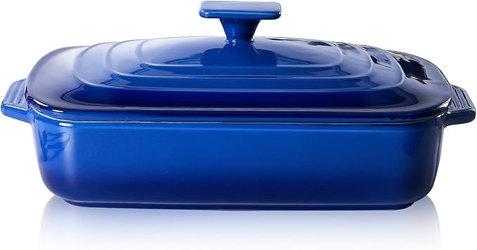 Lareina Large Ceramic Casserole Dish with Lid, 4.0 Quart Covered Rectangular Stoneware Baking Dishes for Oven, Deep 9x13 Inch Lasagna Pans for Baking and Serving, Perfect for Christmas Gifts, Blue