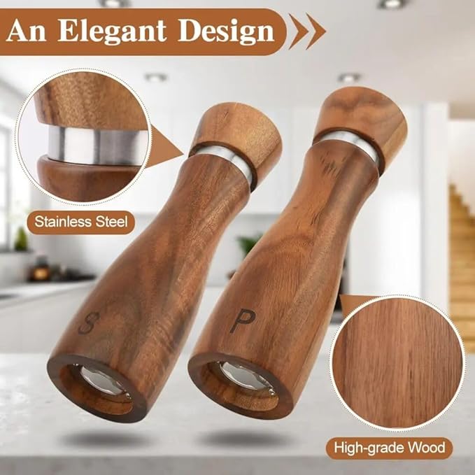 Salt and Pepper Grinder Set, Acacia Wood Salt Shaker with Ceramic/Stainless Steel Core, Modern and Elegant Wooden Salt and Pepper Set(2 Pack) 8 Inches Each