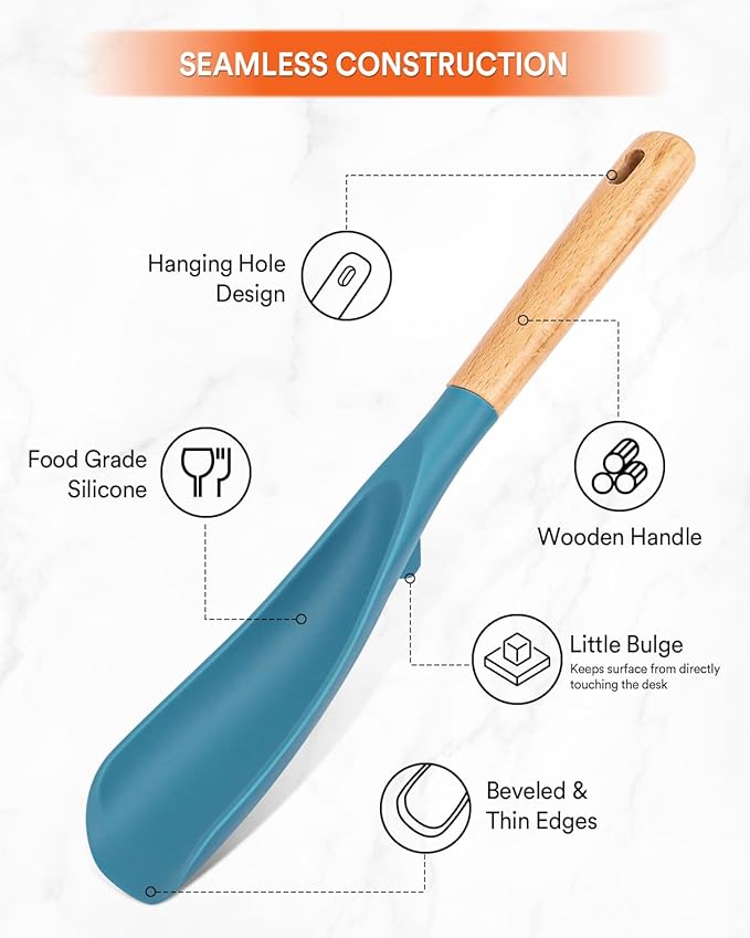 Cooking Spoon and Rice Scooper for Nonstick Cookwares, Great for Cooking and Serving Sturdy BPA-Free Matte Silicone, Wood Handle Spoon for Mixing, Scoop, and Scrape, Turquoise