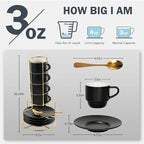 Lareina 3-Ounce Espresso Cups Set of 4, Small Stackable Coffee Cups with Saucers, Spoons and Metal Stand, Ceramic Demitasse Mugs, Espresso Accessories for Machine, Black
