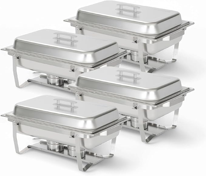 4 Pack Chafing Dish Full Set – Stainless Steel Catering Chafer with Lids, Pans & Fuel Holders – Buffet Food Warmers for Parties, Events & Weddings – Alpine Gray Handles