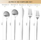 MIKIWAY 60-Piece Silverware Set for 12, Stainless Steel Flatware, Matte Cutlery Tableware, Kitchen Utensils Include Spoons and Forks, Satin Polished, Dishwasher Safe