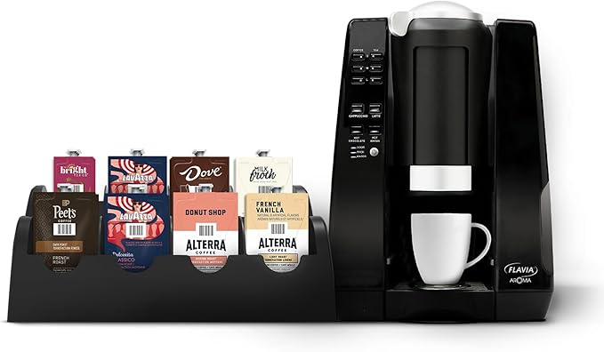 Flavia Brewer Bundle with 134 Freshpacks and 1 Merchandiser - Black, Makes Coffee, Lattes, Tea, and other Hot or Cold Beverages with Single-Serve Freshpacks, Multiple Brew Sizes
