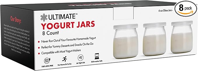 Ultimate Yogurt Jars - Make More Delicious Yogurt! 8 Count Small Glass Yogurt Cups With Lids - 100% BPA Free, Airtight & Dishwasher Safe! Perfect Containers for Yoghurt, Oatmeal, Pudding, or Jello