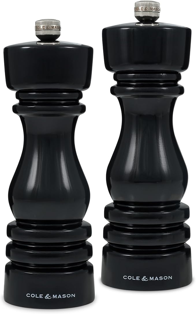 Cole & Mason London Refillable Spice Mill - Kitchen & Home Accessory - Salt & Pepper Grinder Set - Salt Mill with Ceramic Mechanism - Pepper Mill with Carbon Steel Mechanism - 7", Black Gloss