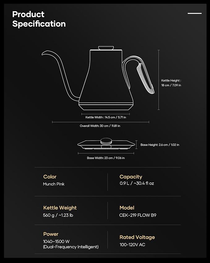 Cocinare FLOW B9 Gooseneck Electric Kettle, Precise Temperature Control for Pour-Over Coffee & Tea Brewing, Stainless Steel Interior, Rapid Heating for Boiling Water 1500W/0.9L (Munch Pink)