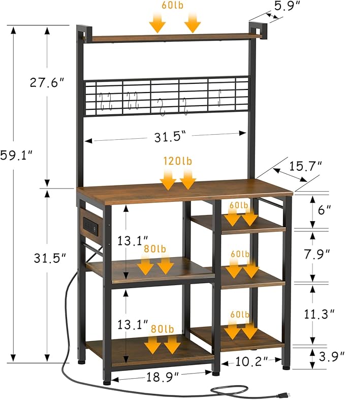 Large Bakers Rack with Power Outlet and Storage Space, 5-Tier Microwave Stand with Shelves, Multifunctional Kitchen Storage Rack with 7 Hooks,Coffee Bar Station, Rustic Brown