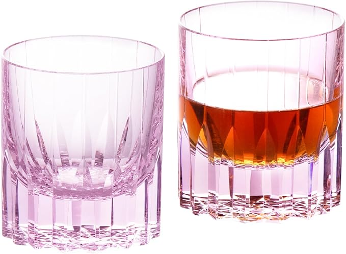 KAMMAK Crystal Whiskey Glasses Set of 2, 7.61 oz (225 ml) Hand Blown Old Fashioned Tumbler, Pink Thick Base Glass with Delicate Rim & Seamless Design for Scotch, Bourbon, Cocktails, Lead-Free Barware