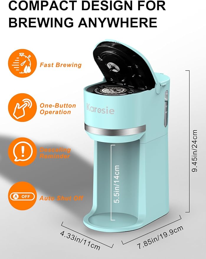 Single Serve Coffee Maker for K-Cup and Ground Coffee, Fast Brew, 6-12 oz Brew Sizes One Cup Coffee Machine Fits 5.5" Mugs, One-Button Small Coffee Maker with Descaling Reminder, Light Blue
