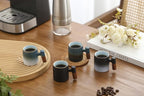 2-Oz Ceramic Espresso Cups with Wood Handle, 2/4-Piece Set for Coffee, Tea, Latte - Dishwasher Safe, Multi-Color & Wood Styles, Gift & Café Use (black, Wooden Handle4)