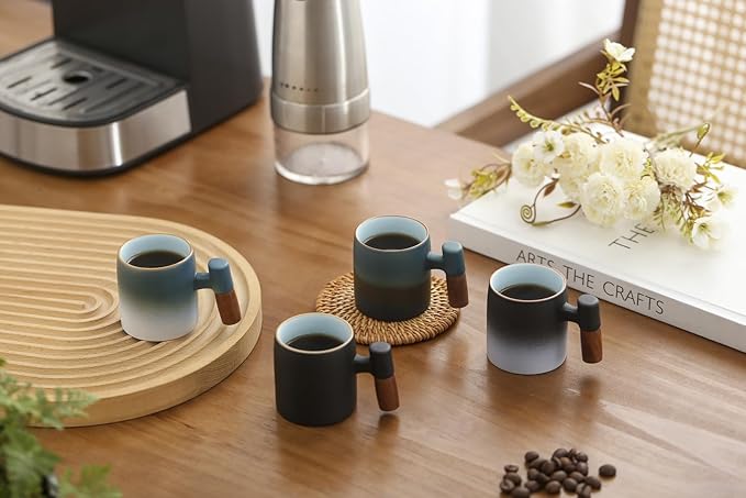 2-Oz Ceramic Espresso Cups with Wood Handle, 2/4-Piece Set for Coffee, Tea, Latte - Dishwasher Safe, Multi-Color & Wood Styles, Gift & Café Use (black, Wooden Handle4)