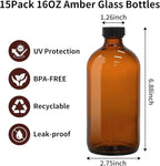 15 Pack 16oz Amber Glass Boston Round Bottles with Phenolic Polycone Caps – Airtight, Leak-Proof Brown Glass Containers for Kombucha Brewing, Storing Condiments, Essential Oils, and Homemade Solutions