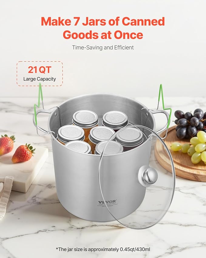 VEVOR 21 QT Canning Pot with Rack and Lid, Stainless Steel Waterbath Canner with Dual Handle and Glass Lid, Compatible with All Cooktops: Induction, Gas, Electric, Glass, Ceramic, Halogen