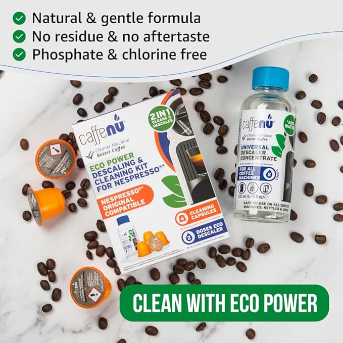 Nespresso Compatible Descaling Kit & Cleaning Pods. 2 Use Descaling Solution & 4 Cleaner Pods. Removes Limescale & Cleans Pod Area. Better Tasting, Hotter Coffee. Nespresso Originaline.