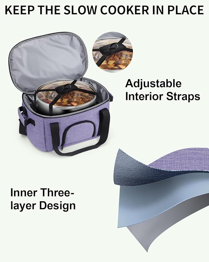 Double-Layer Slow Cooker Carrying Bag for 6-8 Quart CrockPot and Hamlton Beach,Portable Carrier Case with See-Through Window,Travel Bag with Lid Fastener for Family Gathering,Purple