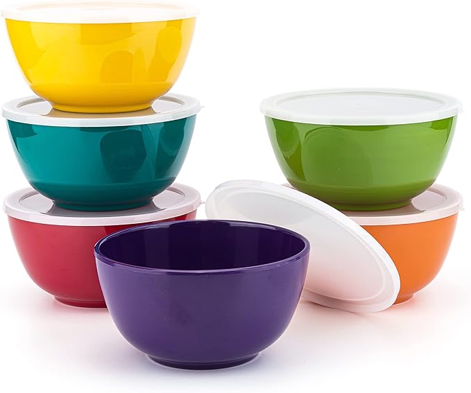 KX-WARE Melamine Bowls with Lids set - 28oz 6inch 100% Melamine Cereal/Soup/Salad Bowls, set of 6 in 6 Assorted Colors | Shatter-Proof and Chip-Resistant Dishwasher Safe, BPA Free